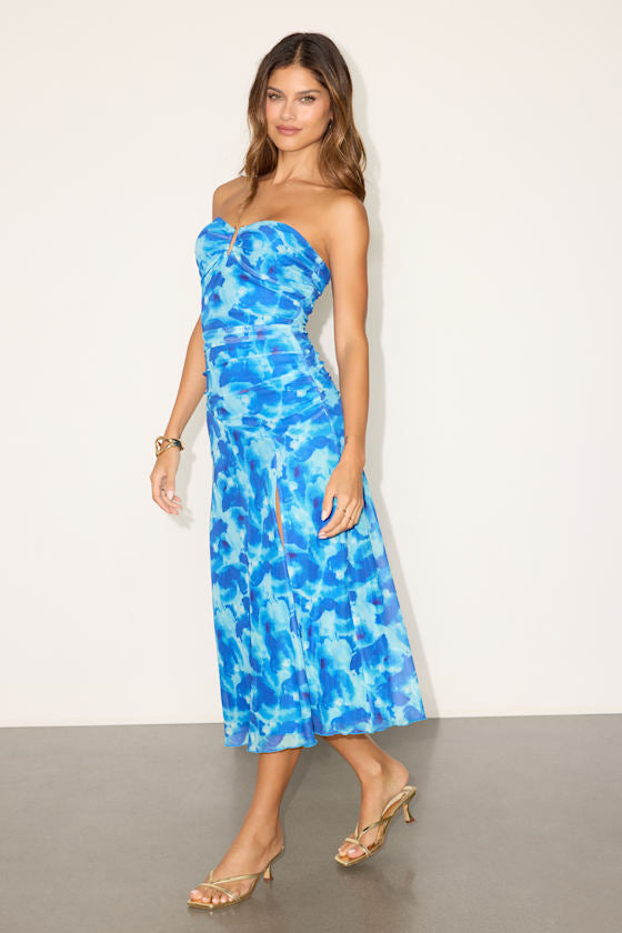 Chania Blue Abstract Strapless Midi Dess