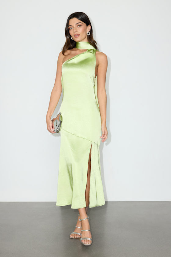 Reglan Lime Satin One-Shoulder Sash Midi Dress