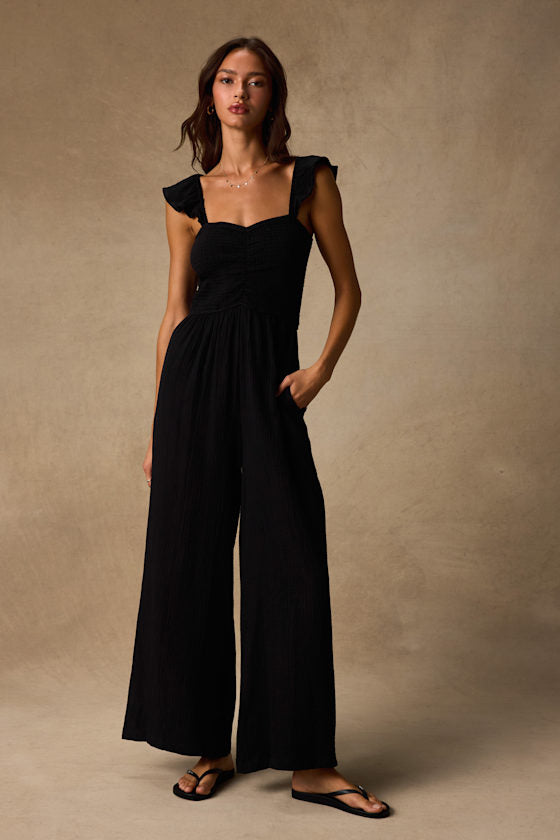 Daniyah Black Smocked Flutter Sleeve Wide-Leg Jumpsuit