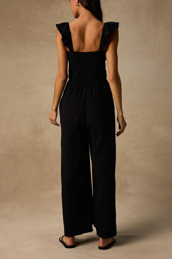 Daniyah Black Smocked Flutter Sleeve Wide-Leg Jumpsuit