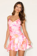 Riselle Pink Floral Satin Asymmetrical Mini Dress