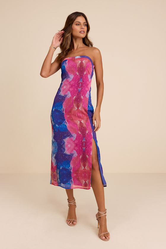 Bethany Blue Multi Clip Dot Strapless Cutout Midi Dress
