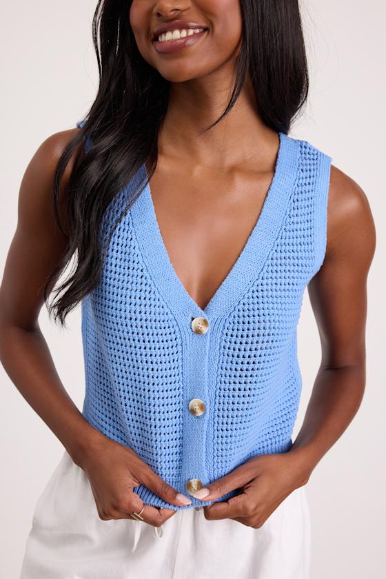 Aesthetic Ease Blue Pierced Knit Button-Front Cropped Tank Top