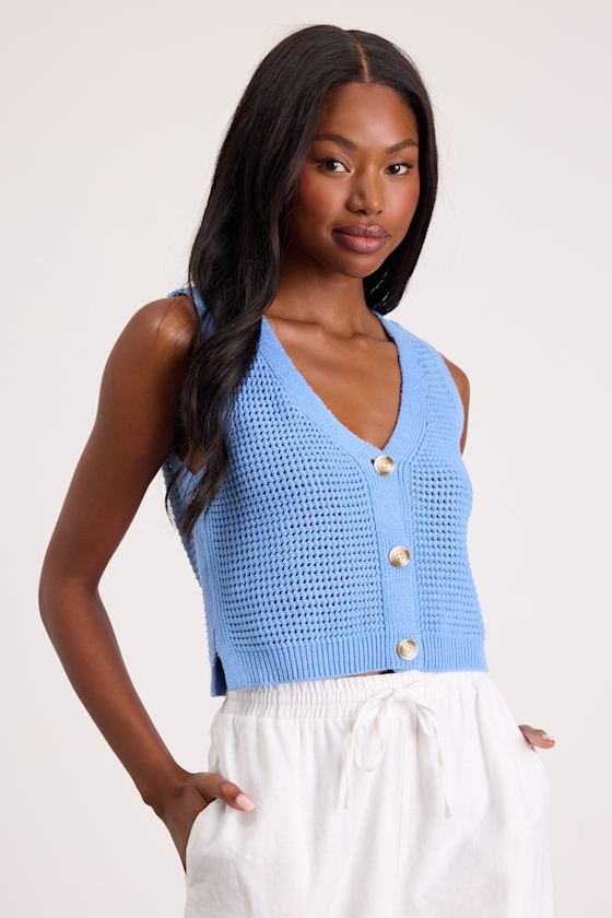 Aesthetic Ease Blue Pierced Knit Button-Front Cropped Tank Top