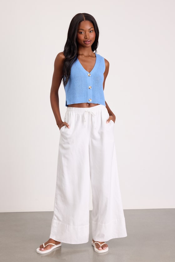 Aesthetic Ease Blue Pierced Knit Button-Front Cropped Tank Top