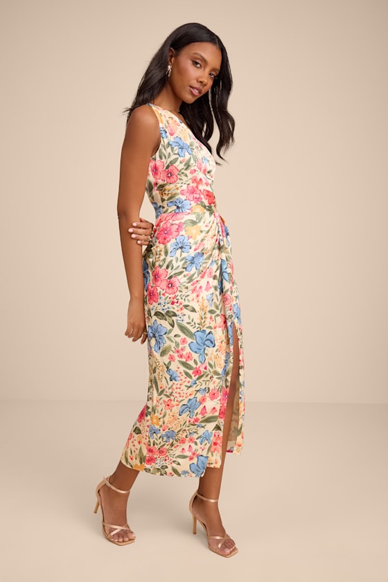 Rhema Cream Multi Floral Print Satin Midi Dress