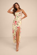 Emery Light Yellow Floral Asymmetrical Ruffled Maxi Dress