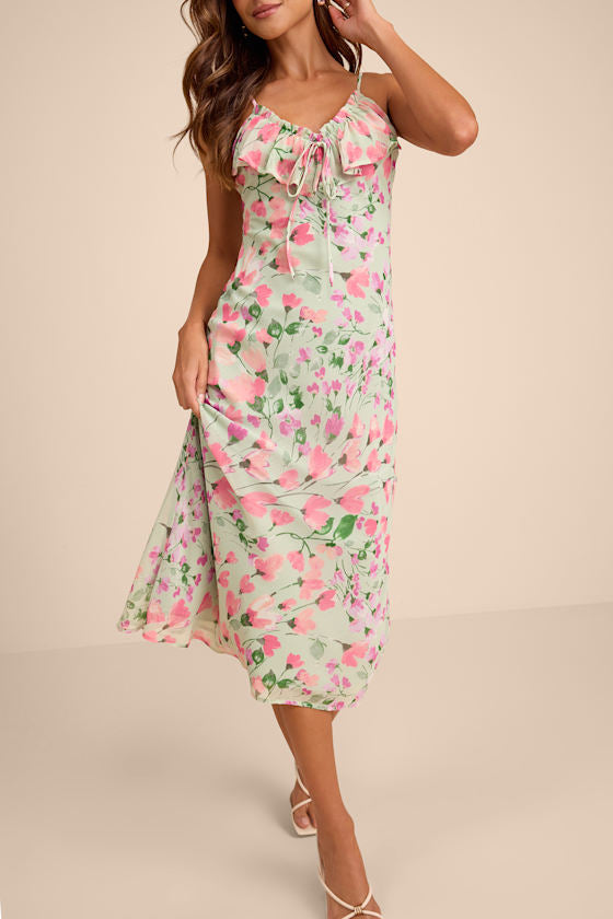 Oshia Sage Multi Floral Ruffled Midi Dress