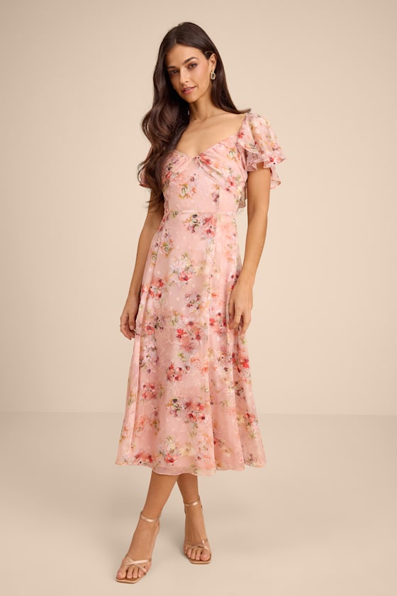 Camillo Blush Floral Jacquard Flutter Sleeve Midi Dress