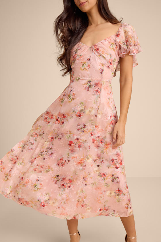 Camillo Blush Floral Jacquard Flutter Sleeve Midi Dress