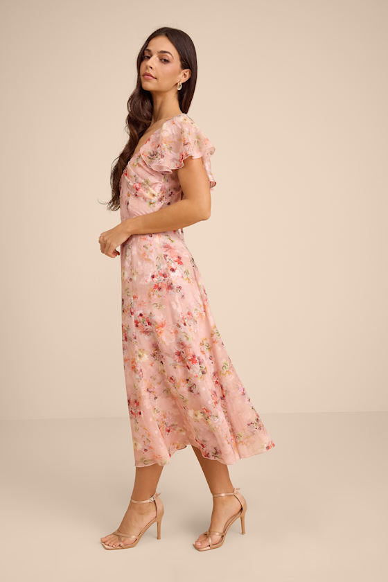 Camillo Blush Floral Jacquard Flutter Sleeve Midi Dress