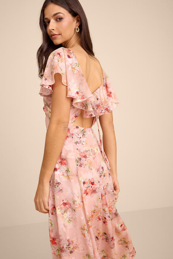 Camillo Blush Floral Jacquard Flutter Sleeve Midi Dress
