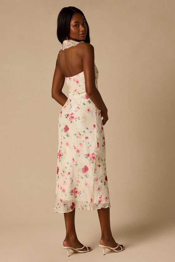 Etta Ivory Floral Ruffled Halter Midi Dress