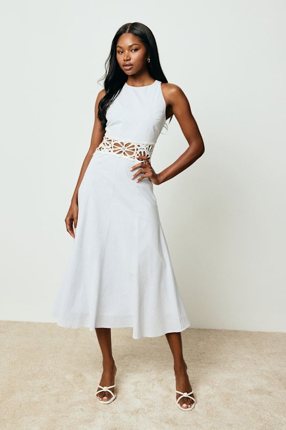 Shya Blue and White Striped Crochet Lace Midi Dress