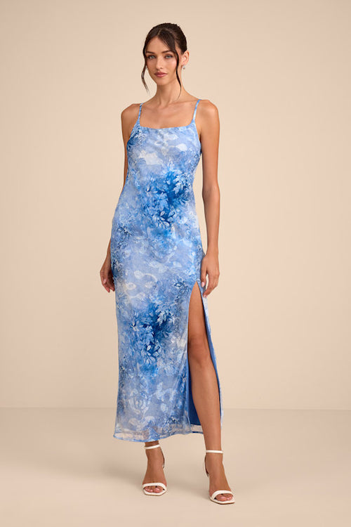 Zyla Light Blue Floral Burnout Slip Maxi Dress