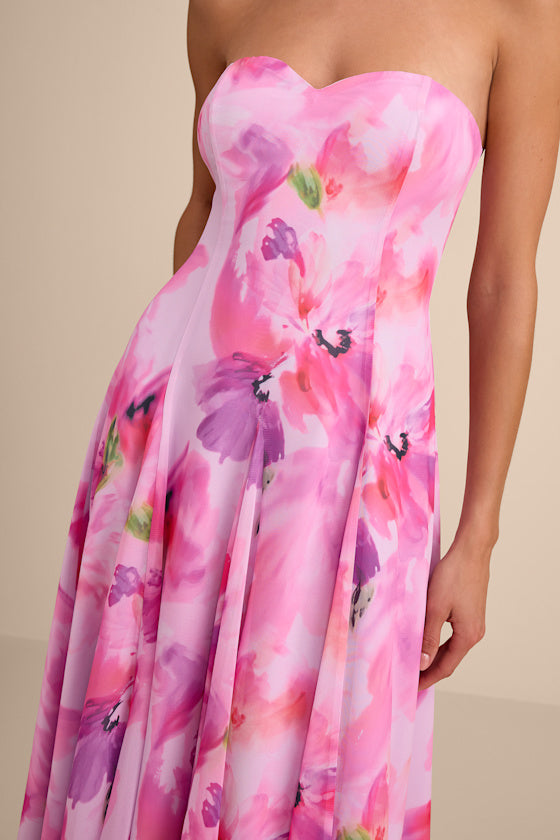 Madoria Pink Multi Floral Strapless Midi Dress