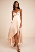 Audria Champagne Satin Wrap High-Low Maxi Dress