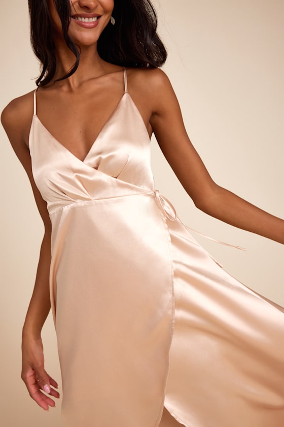 Audria Champagne Satin Wrap High-Low Maxi Dress