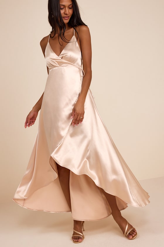 Audria Champagne Satin Wrap High-Low Maxi Dress