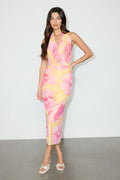 Venus Yellow and Pink Floral Mesh Backless Midi Dress