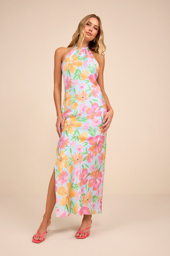 Glowing Presence Light Blue Floral Satin Halter Maxi Dress
