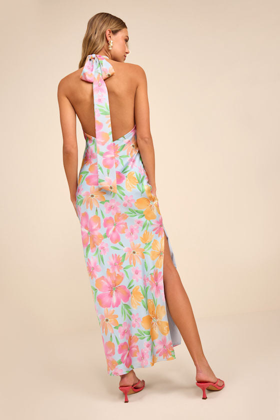 Glowing Presence Light Blue Floral Satin Halter Maxi Dress