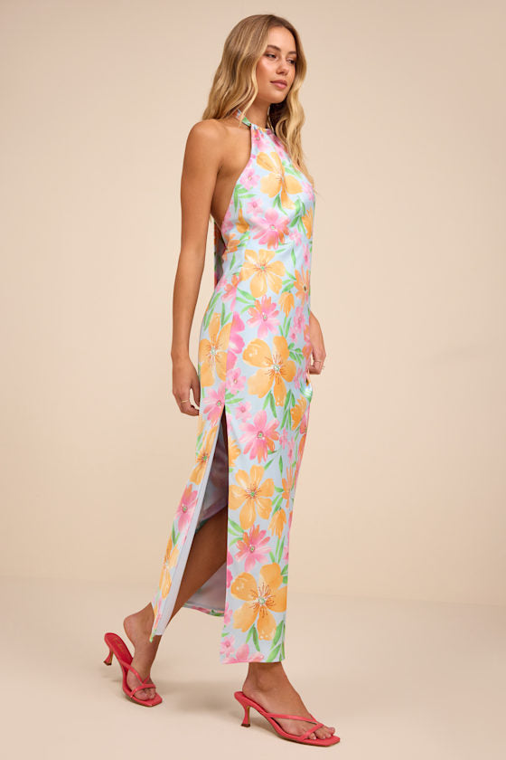 Glowing Presence Light Blue Floral Satin Halter Maxi Dress