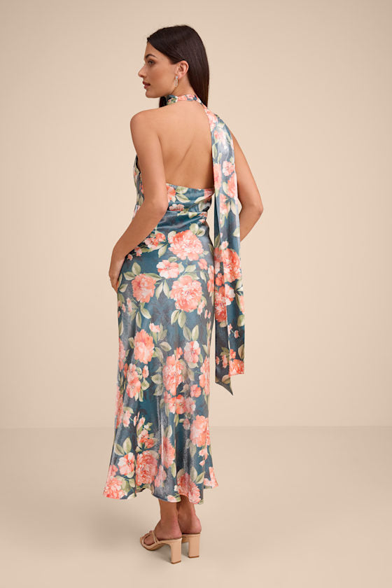 Malani Dark Teal Floral Satin Sash Midi Dress