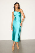Naima Turquoise Satin One-Shoulder Midi Dress