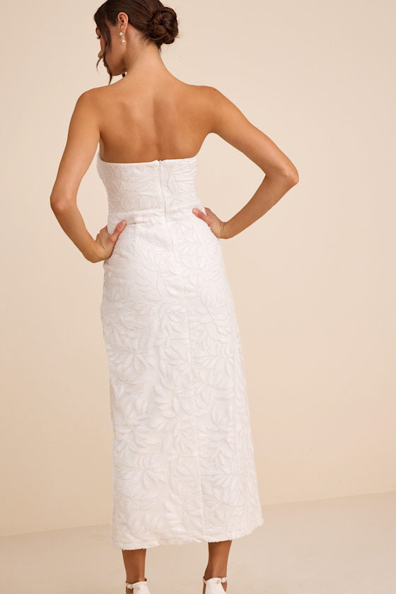 Beyza White Sequin Beaded Strapless Midi Dress