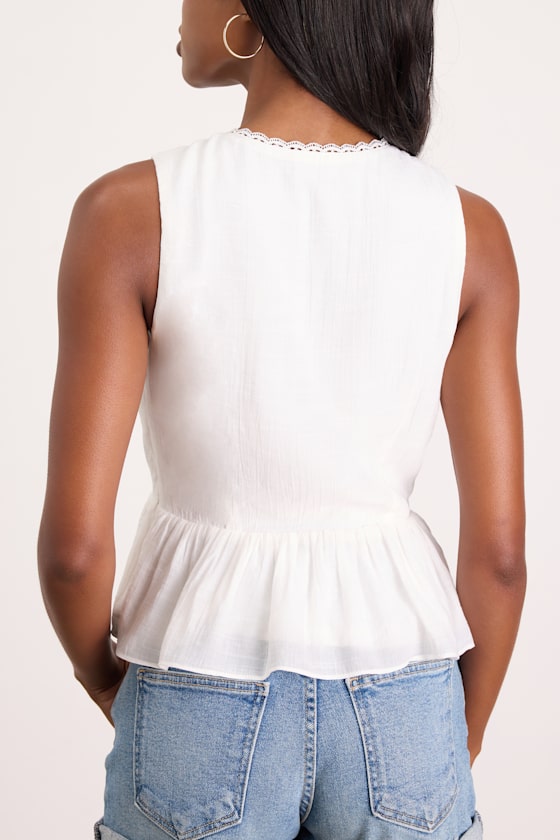 Admirable Cutie White Tie-Front Ruffled Sleeveless Top