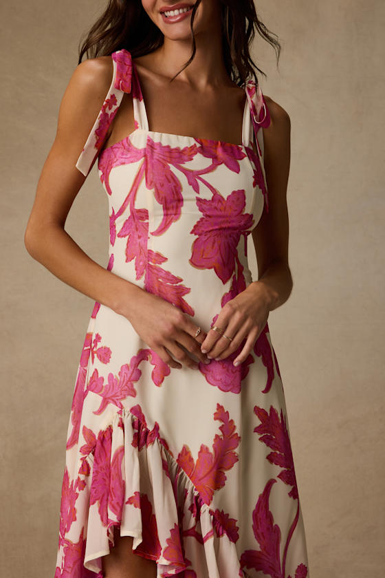 Tamryn Ivory Floral Asymmetrical Ruffled Midi Dress