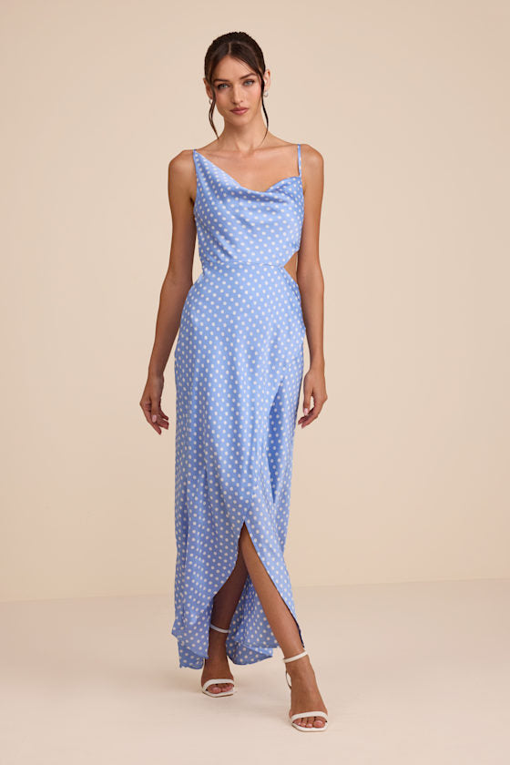 Amella Light Blue Polka Dot Satin Asymmetrical Dress
