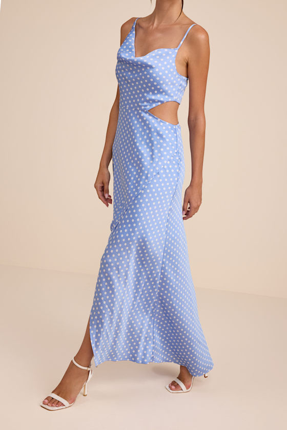 Amella Light Blue Polka Dot Satin Asymmetrical Dress