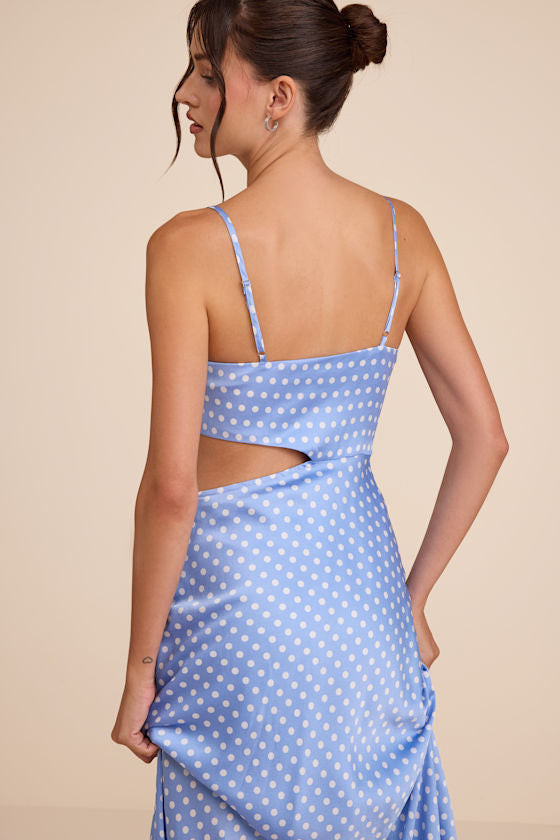 Amella Light Blue Polka Dot Satin Asymmetrical Dress
