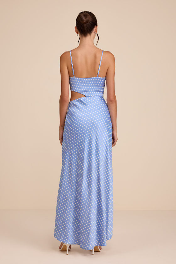 Amella Light Blue Polka Dot Satin Asymmetrical Dress