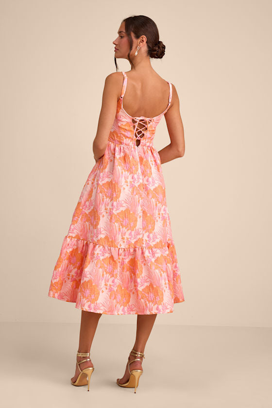 Avalie Pink Floral Jacquard Tiered Bustier Midi Dress
