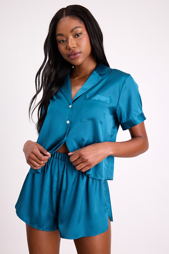 Pleasant Dreams Teal Satin Two-Piece Pajama Set
