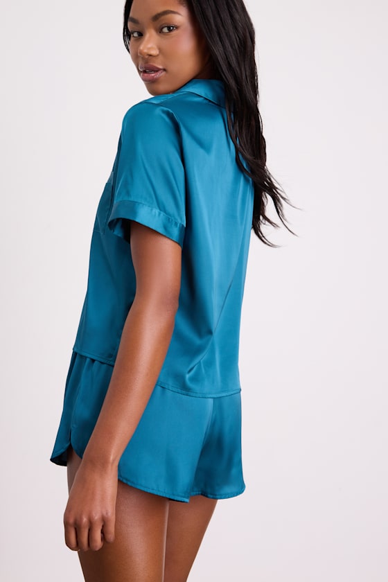 Pleasant Dreams Teal Satin Two-Piece Pajama Set