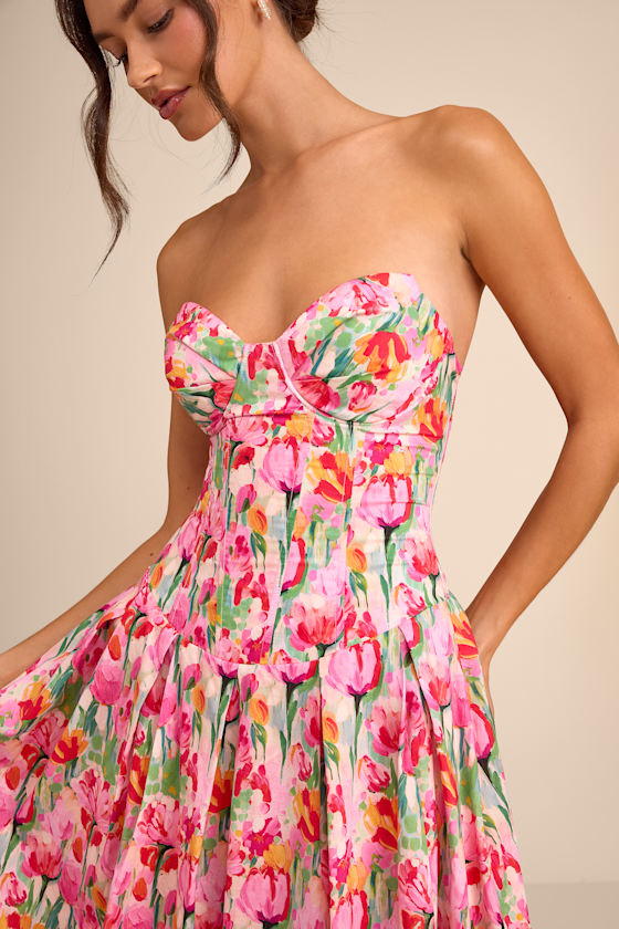 Francena Pink Multi Floral Bustier Midi Dress