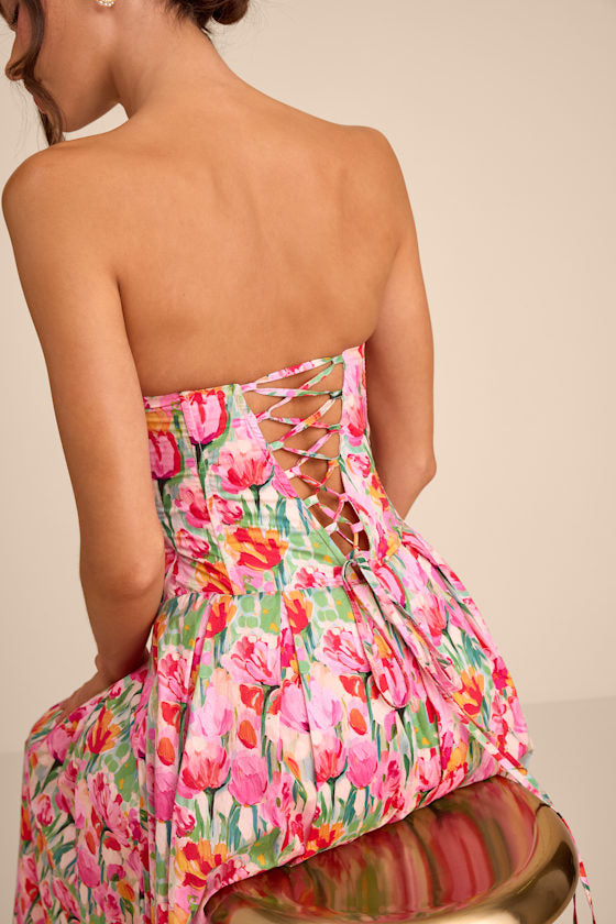 Francena Pink Multi Floral Bustier Midi Dress