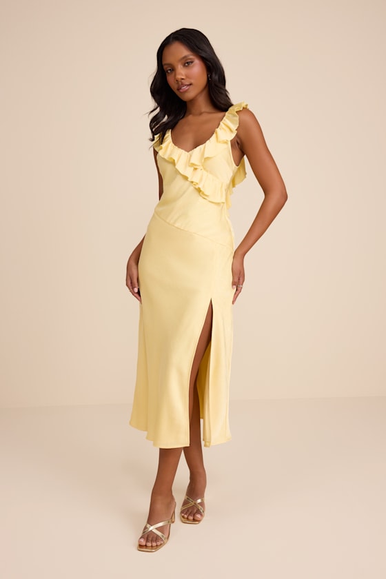 Lenny Pale Yellow Satin Ruffled Midi Dress