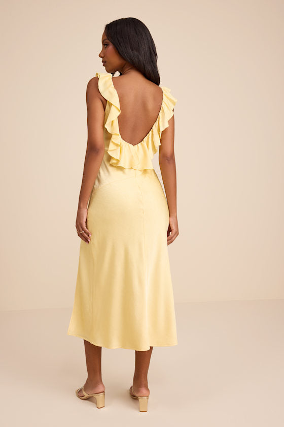 Lenny Pale Yellow Satin Ruffled Midi Dress