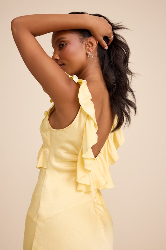 Lenny Pale Yellow Satin Ruffled Midi Dress