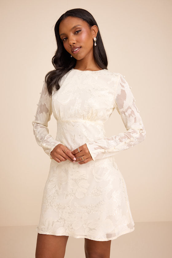 Agnes Ivory Jacquard Long Sleeve Mini Dress