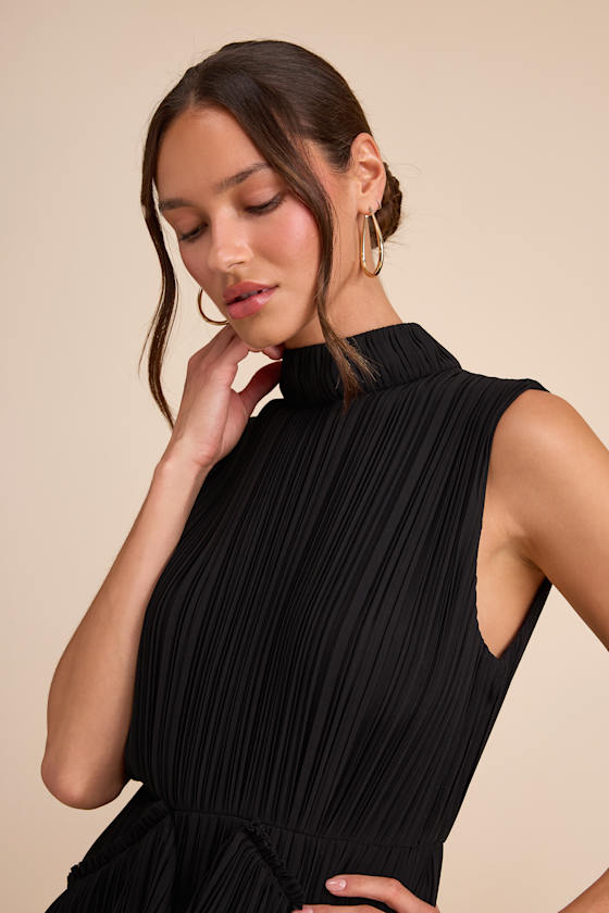 Alvana Black Plisse Mock Neck Ruffled Mini Dress