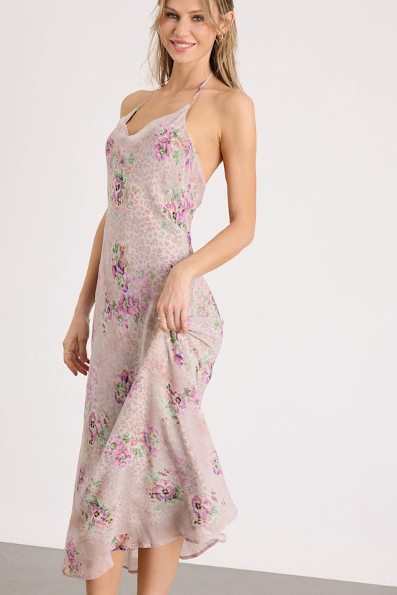Antonella Blush Leopard Floral Print Halter Midi Dress