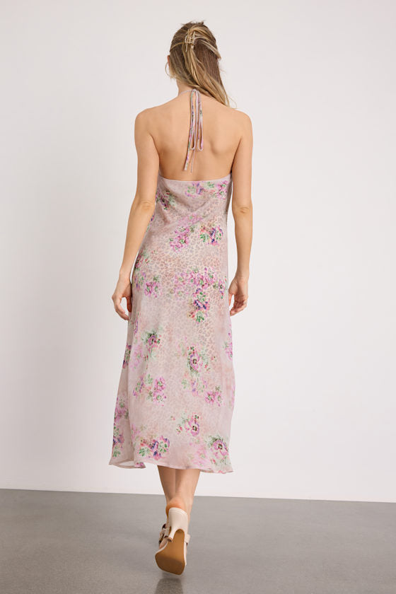 Antonella Blush Leopard Floral Print Halter Midi Dress