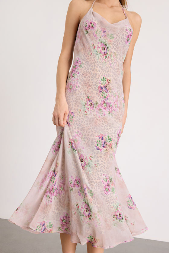 Antonella Blush Leopard Floral Print Halter Midi Dress
