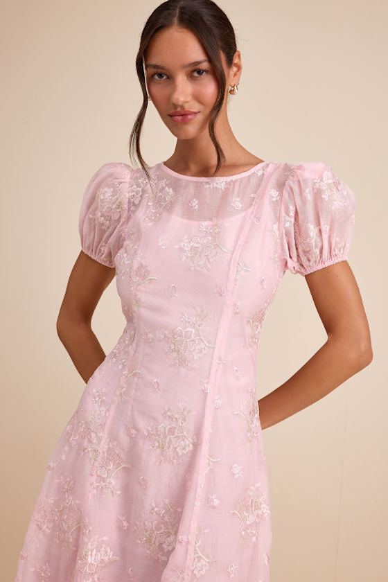 Elfrieda Blush Floral Embroidered Puff Sleeve Midi Dress